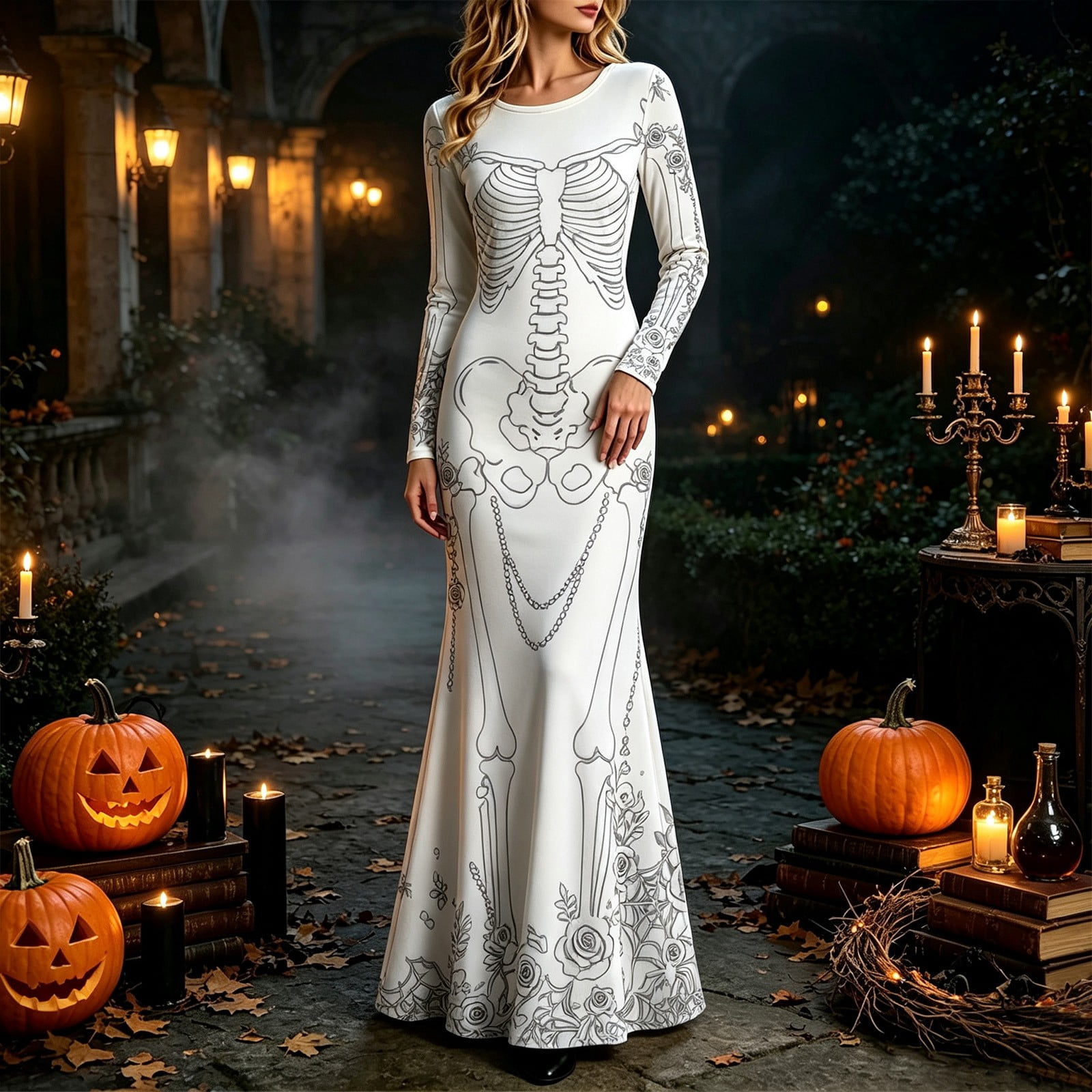 Halloween Skeleton Decoration - Robe longue à imprimé de roses